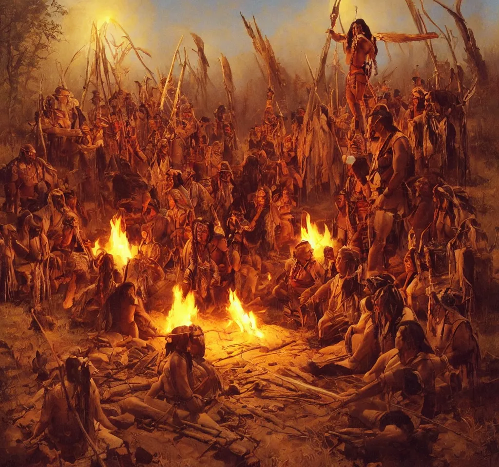 Image similar to native american chief speaks to his council around the fire in the teepee by frank frazetta, artgerm, albert bierstadt, tomasz alen kopera