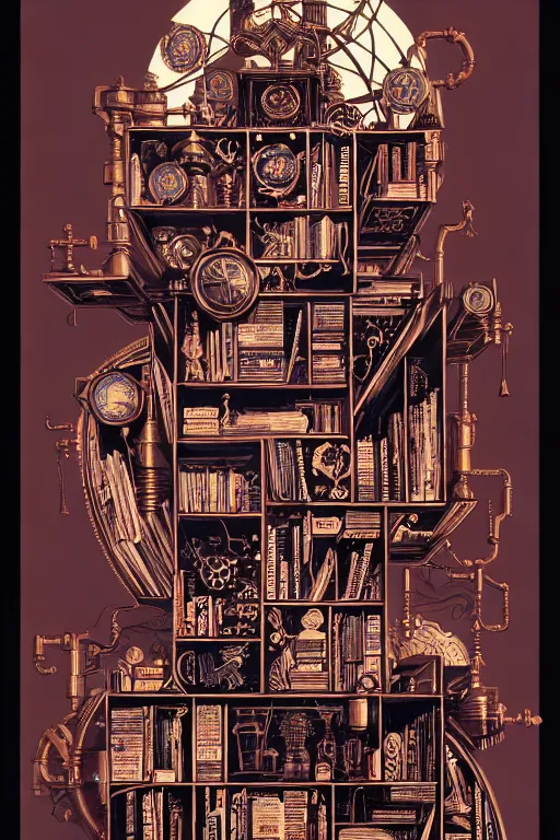 Image similar to a majestic steampunk alchemists bookshelf, two point perspective, furniture, high details, bold line art, by vincent di fate and joe fenton, inking, etching, screen print, masterpiece, trending on artstation, sharp, high contrast, hyper - detailed,, hd, 4 k, 8 k