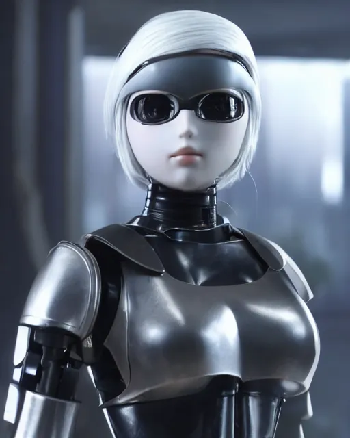 Image similar to film still close - up shot of 2 b nier automata as robocop from the movie robocop. photographic, photography