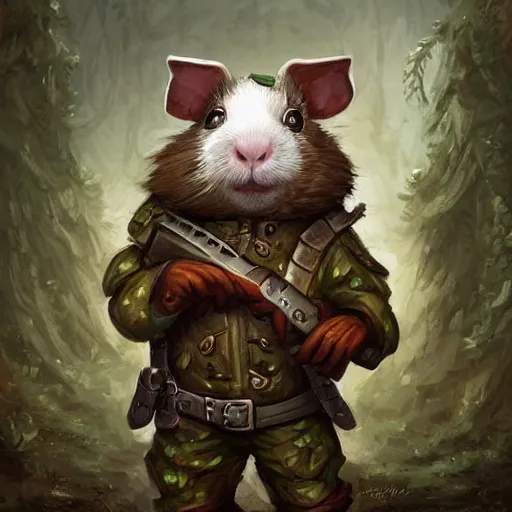 Image similar to cute little anthropomorphic Guinea Pig Soldier in city, tiny, small, short, Forest Camouflage outfit, cute and adorable, pretty, beautiful, DnD character art portrait, matte fantasy painting, DeviantArt Artstation, by Jason Felix by Steve Argyle by Tyler Jacobson by Peter Mohrbacher, cinematic lighting