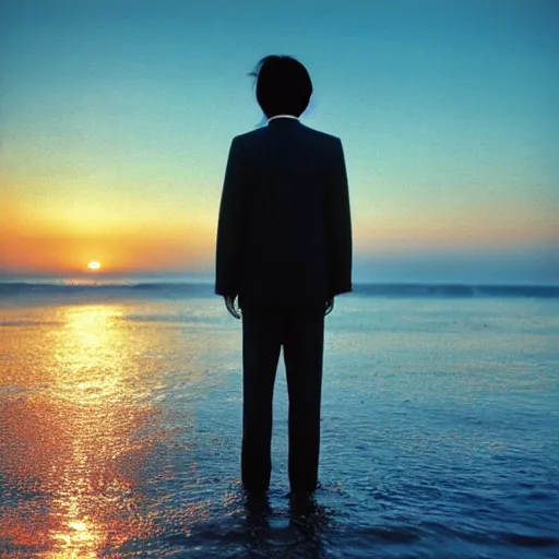 Image similar to japanese man with long hair in a suit standing in the ocean looking at the camera, wide shot, far away, zoomed out, sunset, album cover, 1980, tatsuro yamashita, ride on time