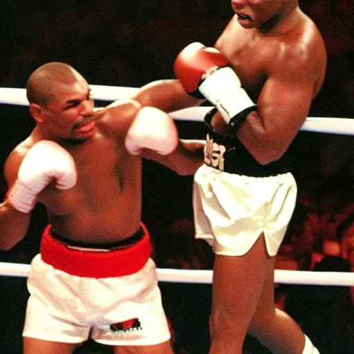 Image similar to Mike Tyson in the boxing Ring with popstar Michael Jackson at Madison square garden 1990