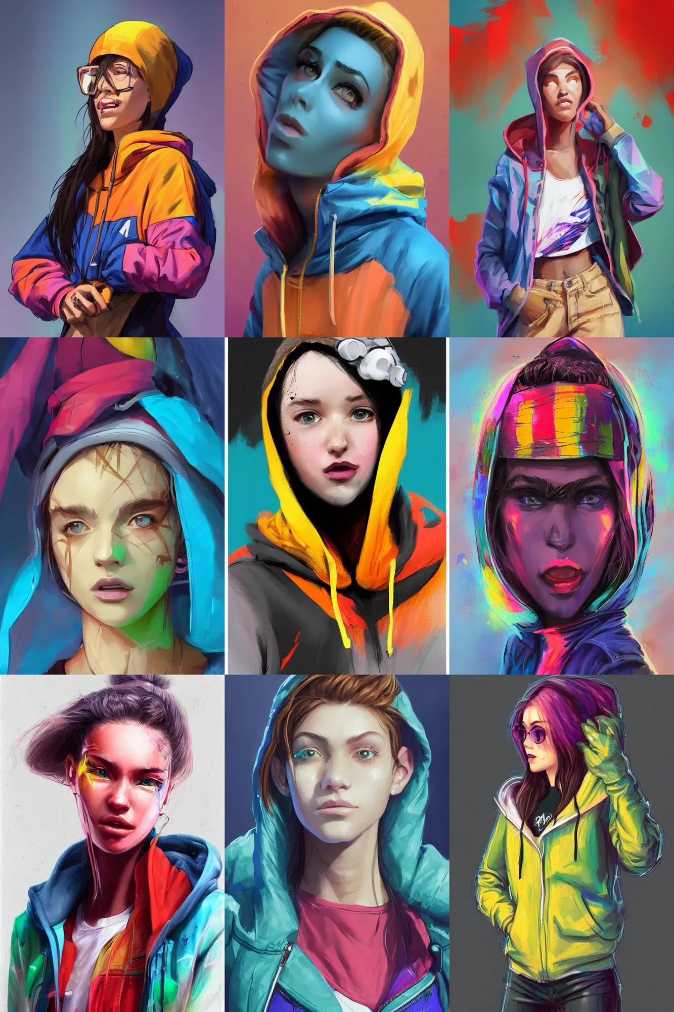 Prompt: a full body digital painting concept art portrait of a single young woman dressed in 90s street clothing and a bright hoodie with face and body clearly visible by artgerm and greg rutkowski, fornite, valorant, high quality, happy mood, artstation trending, vibrant colours, no crop, no helmet, no headgear, entire character, blank background, face visible, realistic proportions, SFW,