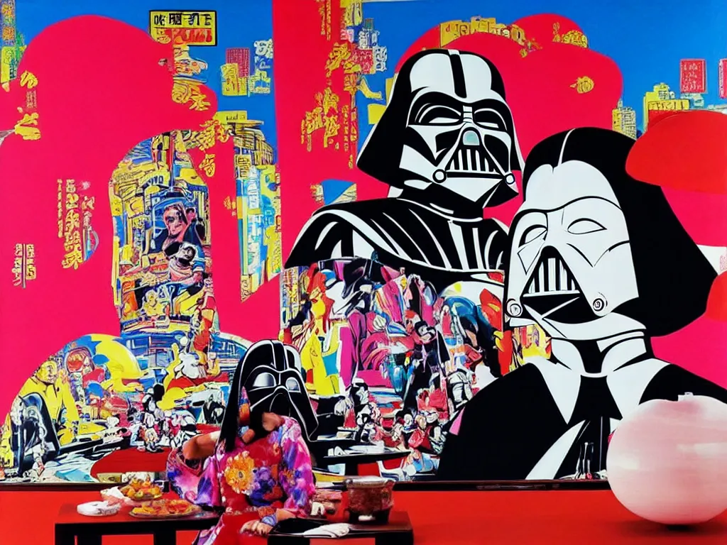 Image similar to hyperrealistic composition, in the middle the woman in a japanese kimono, behind her stands the darth vader, in front of her a table from the casino, in the background is ( ( mount fuji ) ) and fireworks, pop - art style, jacky tsai style, andy warhol style, acrylic on canvas