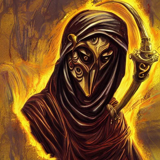 Image similar to the veiled arcanist prophet as a man with a golden cultist mask in bloodsoaked land by greg rutowski