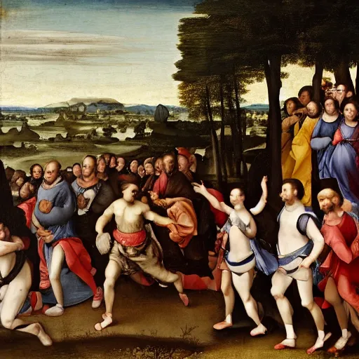 Prompt: a crowd running away from a man wearing black air force 1 s, renaissance painting, 1 6 th century