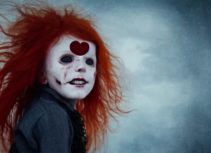 Image similar to a young red - haired girl with an eyepatch scaring little childrens, 4 k, dolby vision