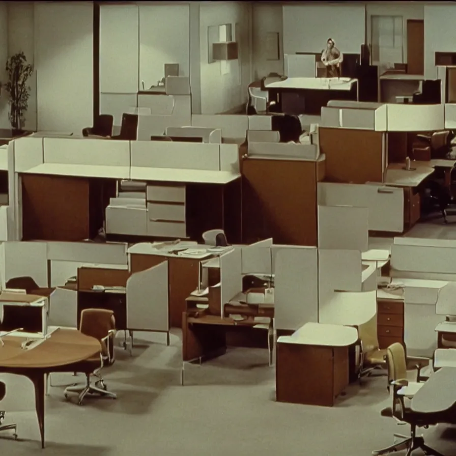 Image similar to a still of severance series indoor 7 0 s furniture office scenario appearing in a film of jacques tati