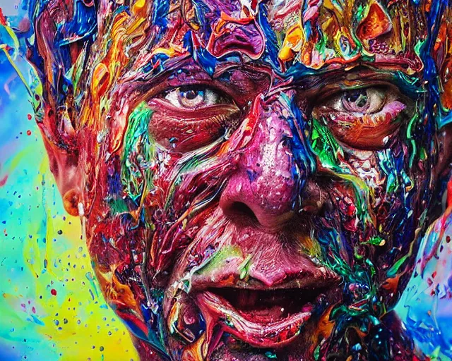 Image similar to still shot close up footage of the portrait of a human head explodes and disintegrates into acrylic pour and splashing paint, motion blur, hyperrealistic, medical, intricate art photography, anatomically correct, realistic crisp textures, 1 6 k