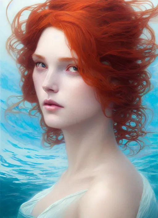 Image similar to goddess of the ocean portrait of a seductive redhead dreaming in underwater murky light, wind blown hair! fantasy esoteric, d & d, fantasy, intricate, elegant, highly detailed, digital painting, artstation, concept art, matte, sharp focus, illustration, art by artgerm and tom bagshaw and greg rutkowski and alphonse mucha