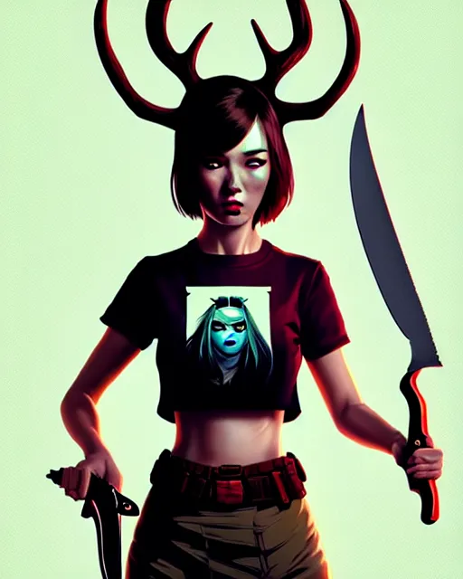 Image similar to full atomic scan face shot of a beautiful warlord girl, in tshirt with her buck knife ready, her morbid interests, irish, by saruei and guweiz and ilya kuvshinov and george miller, digital art, highly detailed, intricate, sharp focus, trending on artstation hq, deviantart, pinterest, unreal engine 5, 4 k uhd image