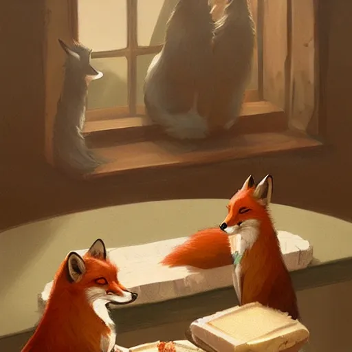 Prompt: foxes judging a cheese competition, artstation, detailed, award winning, digital illustration, art by greg rutkowski