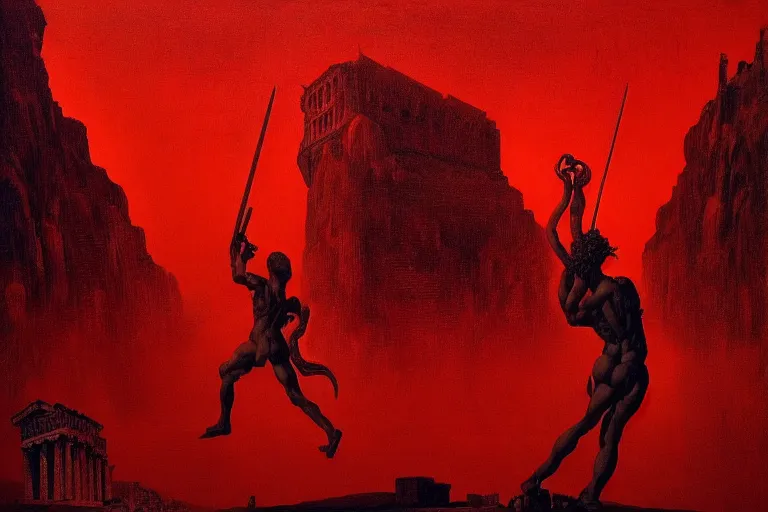 Image similar to only with red, a red melted apollo with a laurel wreath and a flaming sword announce win, athens in background, in the style of beksinski, parts by edward hopper, parts by rodcenko, parts by yue minjun, intricate and epic composition, red by caravaggio, insanely quality, highly detailed, masterpiece, red light, artstation, 4 k