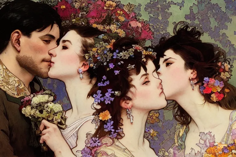 Image similar to the groom kisses the bride at a wedding full of flowers, bright and happy, dreamlike art, highly detail, 4 k realistic, wedding photoy krenz cushart. artem demura. alphonse mucha. yoji shinkawa artgerm. jon lothian. danilo torres. adi meyers. thomas reimann. gaston bussiere.