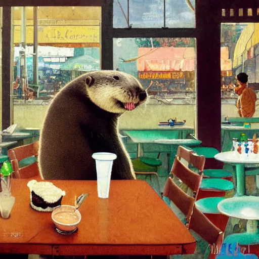 Image similar to Norman Rockwell painting of a fat otter drinking boba tea in a cafe by the beach, artstation, furaffinity, high res, 4k