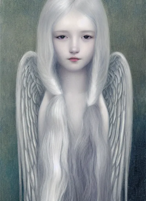 Image similar to tall thin young wan beautiful angel, silver hair so long, pale!, long silver hair, silver angel wings, wan adorable korean face, silver hair!!, style of fernand khnopff and lucien levy - dhurmer, oil on canvas, 4 k resolution, aesthetic!,