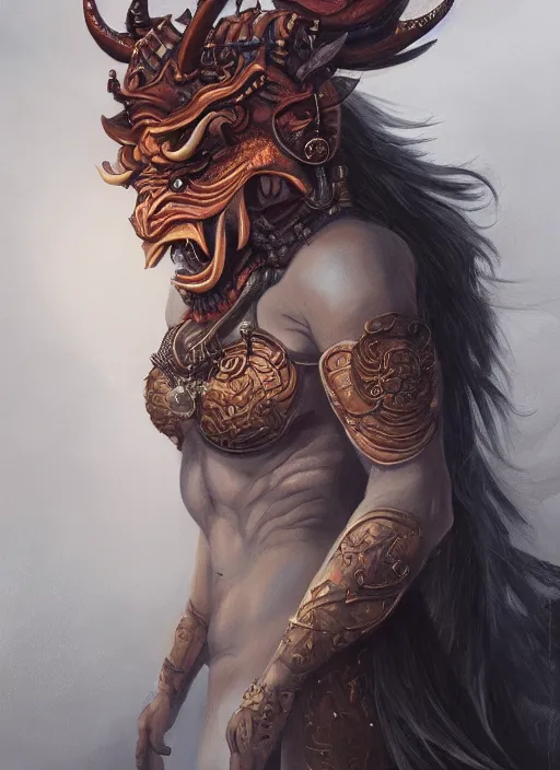 Prompt: a beautiful detailed oil on copper art illustration of a oni hannya mask shogun dragon woman, centered, by charlie bowater, zeng fanzh, trending on artstation, dim dusk lighting, cinematic lighting, detailed lighting, volumetric lighting, realistic, f 8, 4 k hd wallpaper