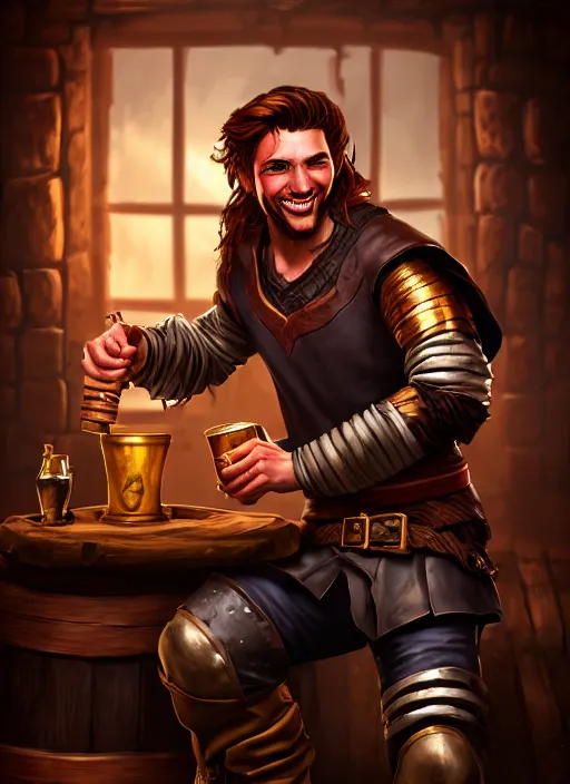 Image similar to An epic fantasy comic book style portrait painting of a handsome young man with brown wavey hair, wearing thief clothing in a tavern and smiling with a wooden tankard in hand, unreal 5, DAZ, hyperrealistic, octane render, cosplay, RPG portrait, dynamic lighting