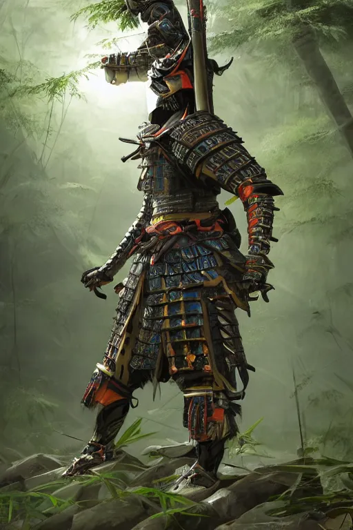 Image similar to an epic samurai in full armor in a mysterious japanese bamboo forest with light shafts, by jesper ejsing and maciej kuciara, ultra realistic, concept art, intricate details, highly detailed, photorealistic, octane render, 8 k, unreal engine