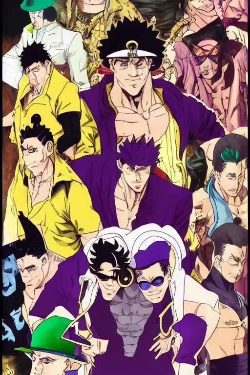 Image similar to jojo's bizarre adventure, jotaro kujo, kakyoin noriyaki, muhammad avdol, jean pierre polnareff, joseph joestar, manga