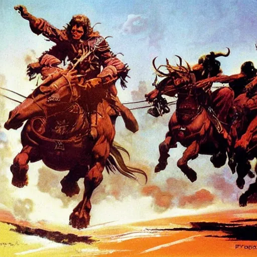 Prompt: into glory ride, artwork by Frank Frazetta