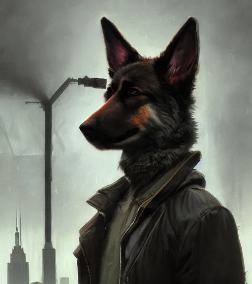 Image similar to new york city portrait of furry anthro anthropomorphic german shepard head animal person fursona wearing clothes strange cybernetic muzzle gloomy rainy cyberpunk digital art by Greg Rutkowski, Simon Stalenhag, christopher nolan trending on Artstation, CGSociety