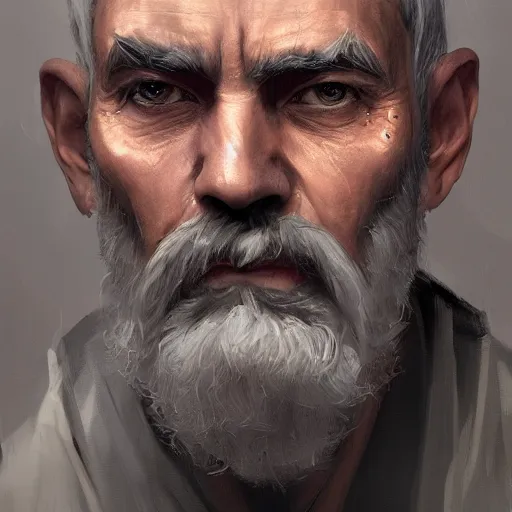 Prompt: An oil painting of a man dressed in priest robes, 50 years old, chad jaw line, short grey hair, trimmed beard, sharp facial features, beautiful, highly detailed, by Cédric Peyravernay, trending on artstation