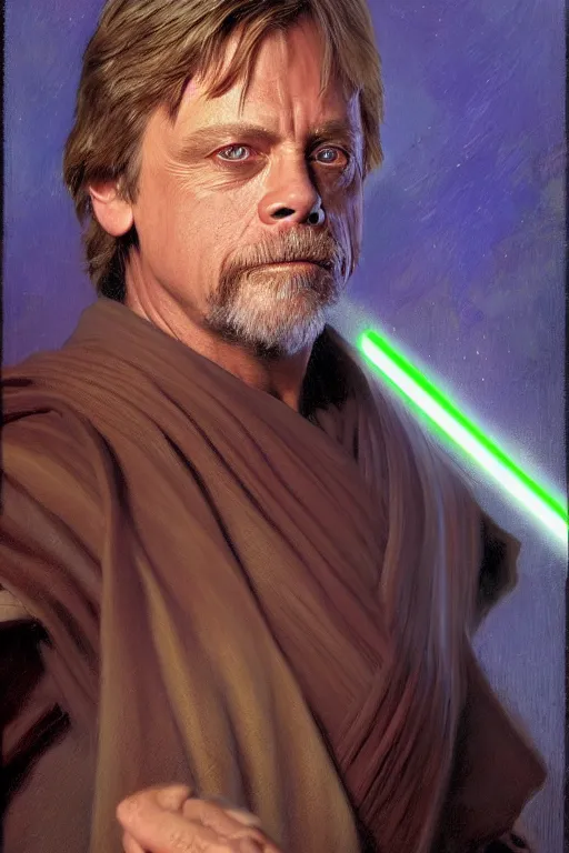 Image similar to detailed portrait of a mark hamill dressed as jedi, painting by gaston bussiere, craig mullins, j. c. leyendecker