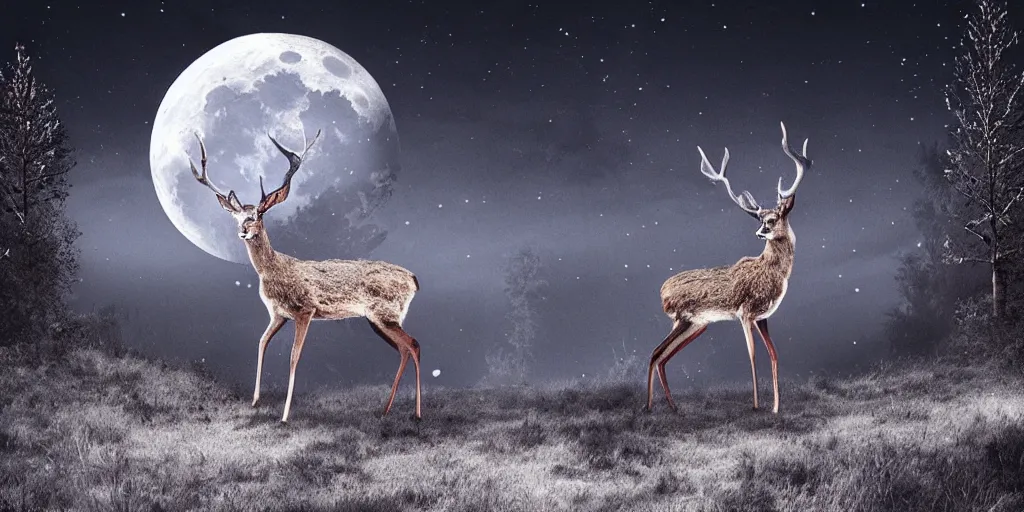 Image similar to a dark and enchanting moonscape with transparent deer