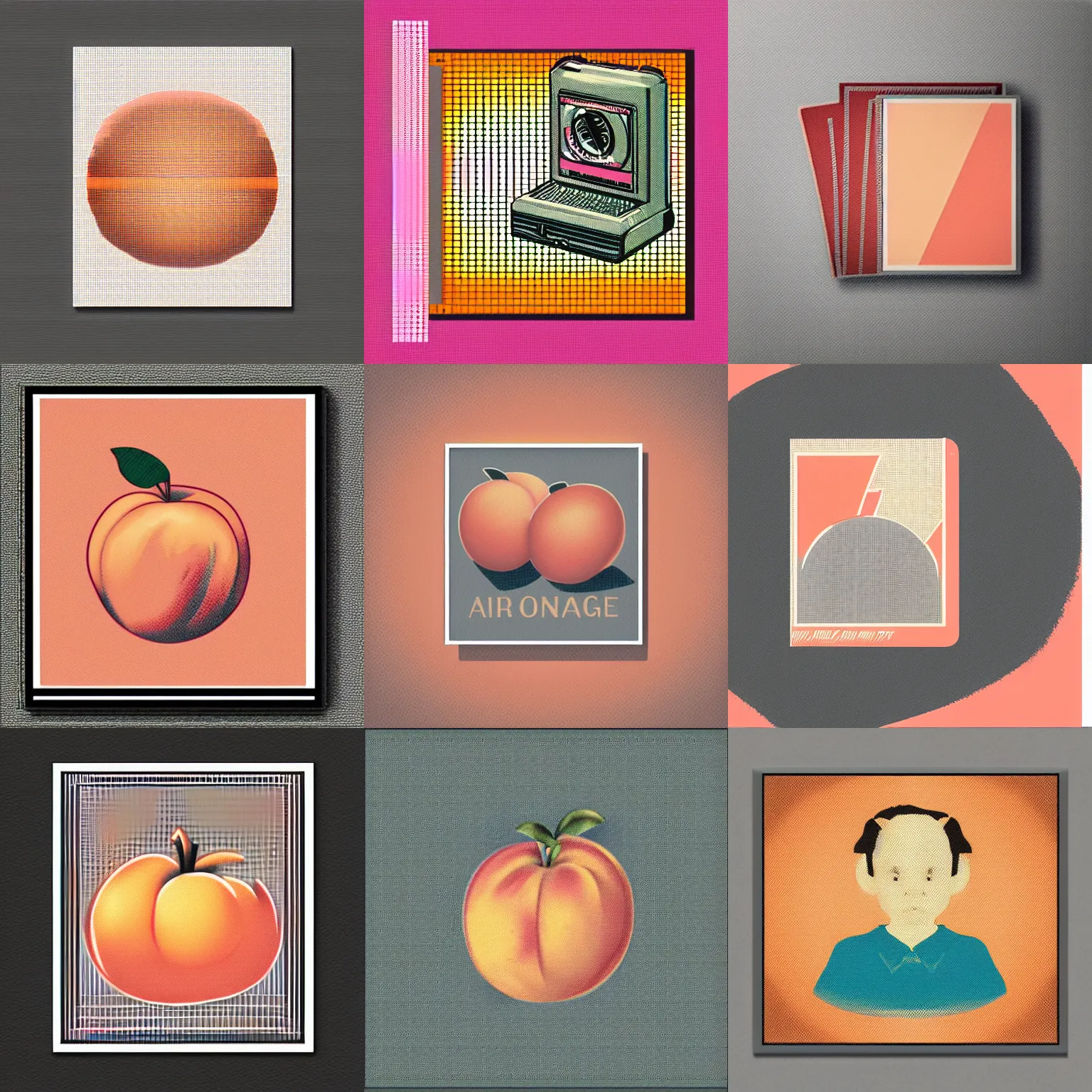 Prompt: vintage color halftone album artwork peach illustration airbrush, nostalgic, grey background