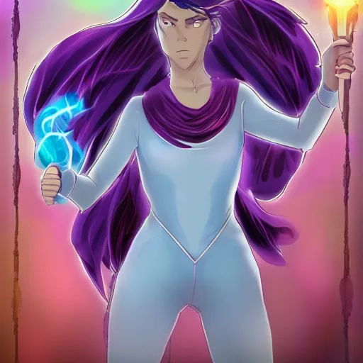 Prompt: sylph race magic user full body nonbinary holding a staff of healing light blue skin tone highly detailed comic book style steve ditto
