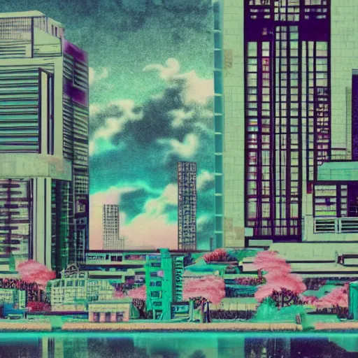 Prompt: vaporwave urban dreamscape, urban grunge and decay, vaporwave cityscape inspired by traditional chinese painting