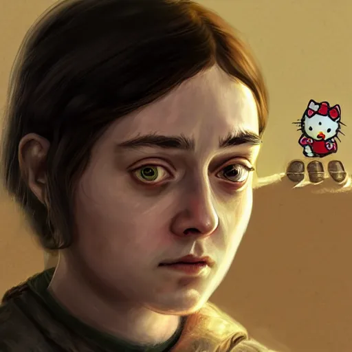 Image similar to Portrait of arya stark next to hello kitty in the style of Disco Elysium, digital drawing by Pavlo Guba, strong red hue