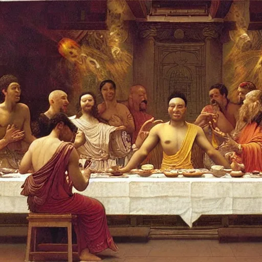 Image similar to buddha explaining the universe in last supper painting by gaston bussiere, craig mullins, j. c. leyendecker, lights, art by ernst haeckel, john william godward, hammershøi,,