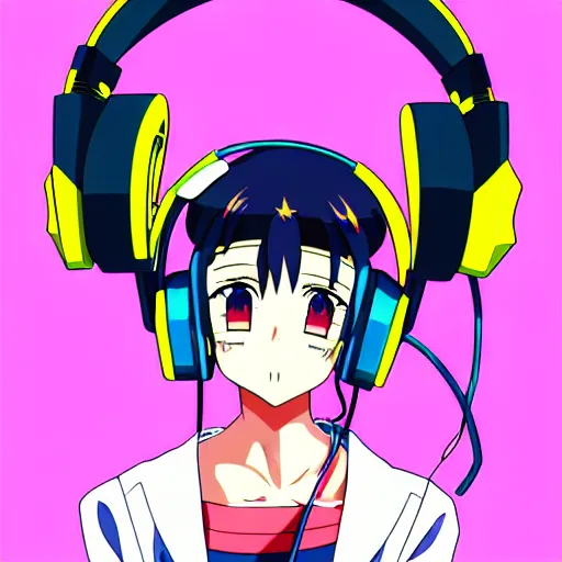 Image similar to An anime character's head wearing retro headphones. 90s anime, Sailor Moon, Neon Genesis, official art, flat cell shading, fantastic screenshot art, trending on artstation, muted nostalgic colors