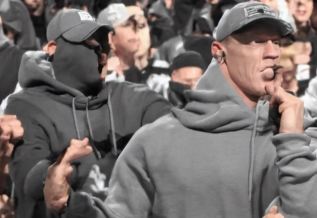 Image similar to john cena with a gray cap and a gray hoodie with the hood on. John Cena rapping in front of a crowd of people. Industrial setting. Lose yourself by eminem music video.