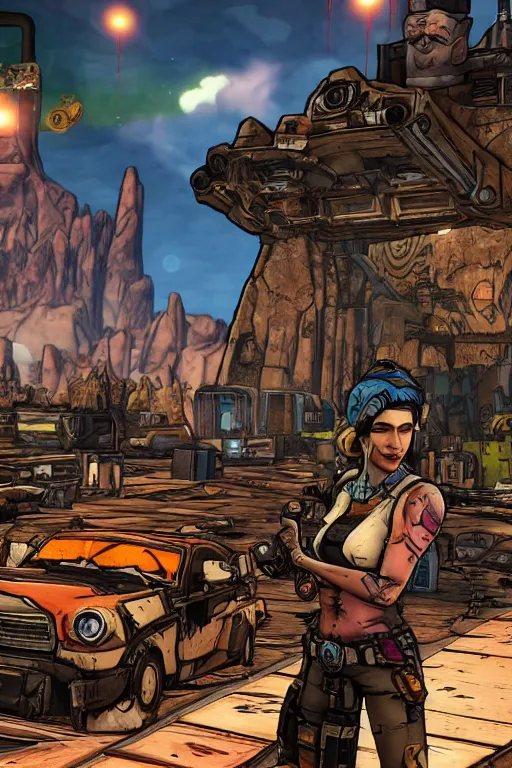 Prompt: borderlands 2 maya in the centre of the frame with borderlands 2 backdrop