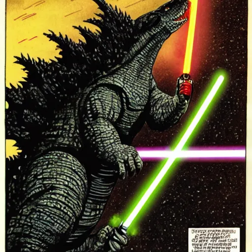Image similar to godzilla in flowing jedi robes with a lightsaber by frank miller
