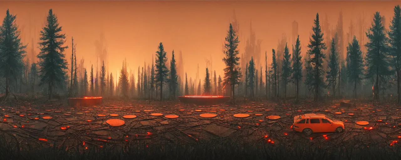 Prompt: a panoramic matte painting, on the left a towering abandoned nuclear plant, in the center a glowing neon orange pool puddle of radioactive sludge, on the right a forest of dead trees and black tree trunks, digital concept art by Simon Stalenhag, Beeple, Jeffrey Smith, Unreal Engine, 8k HDR