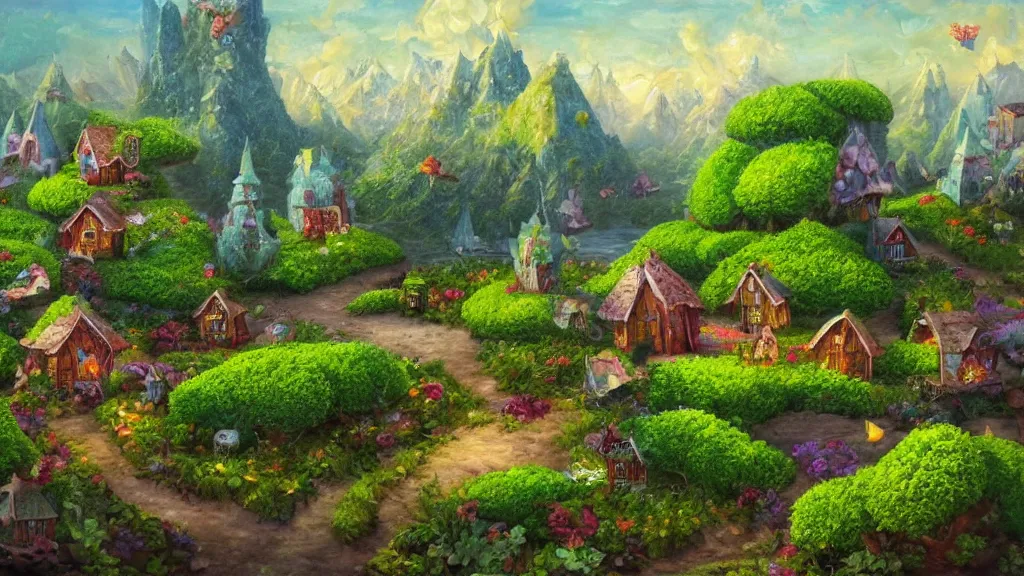 Prompt: tiny fairy houses in a price of broccoli in someone's garden, highly detailed oil painting, epic fantasy art, abstraction, masterpeice, 8k