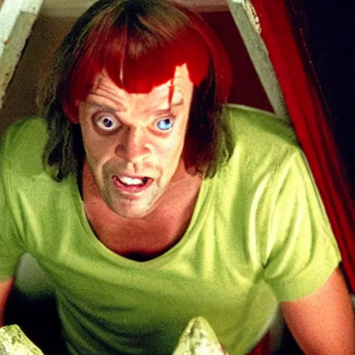 Prompt: movie still photo of Shaggy from Scooby-Doo as Jack Torrance in The Shining