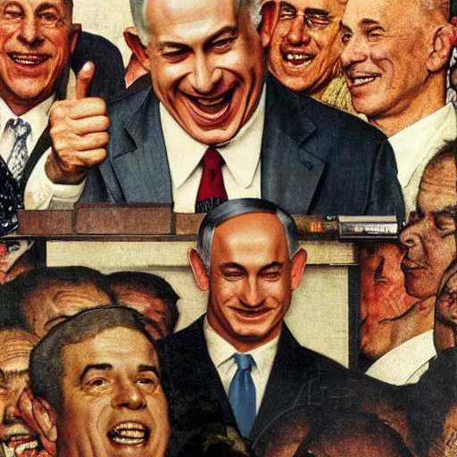 Image similar to benjamin netanyahu laughing and pointing at screen, by norman rockwell