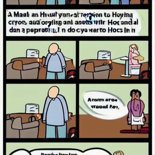 Prompt: a four - panel webcomic strip : a man slams open hospital doors, talks to the receptionist and doctor, and discovers his crying wife in a hospital bed