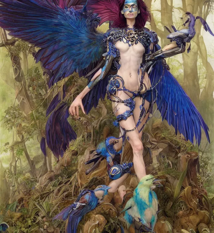 Image similar to a portrait photograph of a meditating fierce krysten ritter as a colorful harpy bird super hero with blue skin. she has many skin grafts and cyborg body modifications. by donato giancola, hans holbein, walton ford, gaston bussiere, peter mohrbacher and brian froud. 8 k, cgsociety, fashion editorial