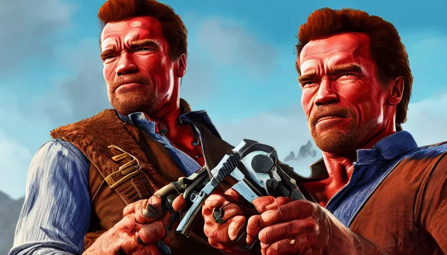 Image similar to Arnold Schwarzenegger is Arthur Morgan in Red Dead Redemption 2, hyperdetailed, artstation, cgsociety, 8k