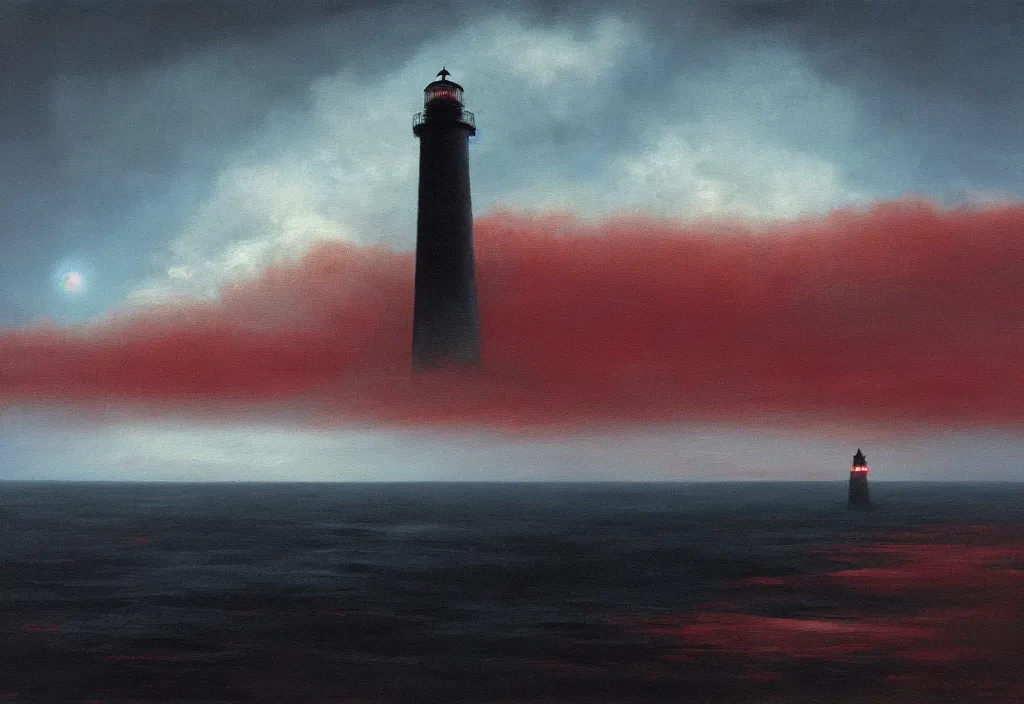 Prompt: landscape acrylic painting of a lonely black lighthouse, dynamic lighting, sad dark red sky with bright blue clouds, hopeless emotions, by beksinski, sharp focus, artstation hq