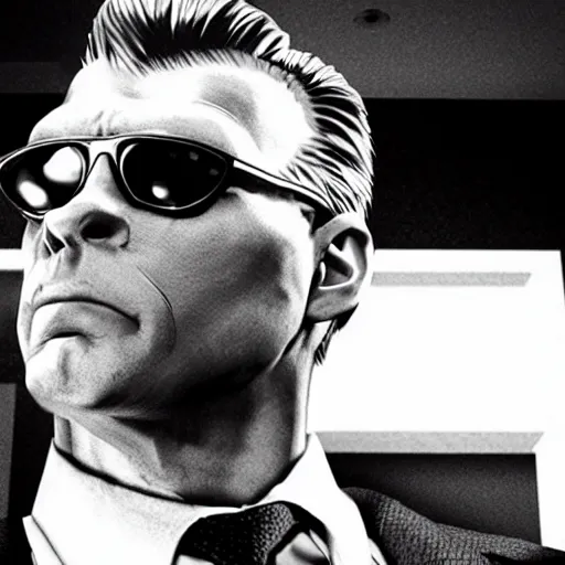 Prompt: Duke Nukem as The American Psycho, staring intensely, Duke Nukem art style, cinematic still