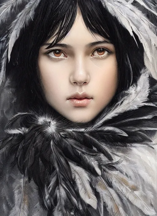 Prompt: a teenage girl with very short black hair and a huge cloak made of grey and black feathers. beautiful highly detailed face. beautiful painting by artgerm and greg rutkowski and raymond swanland, detailed portrait, closeup