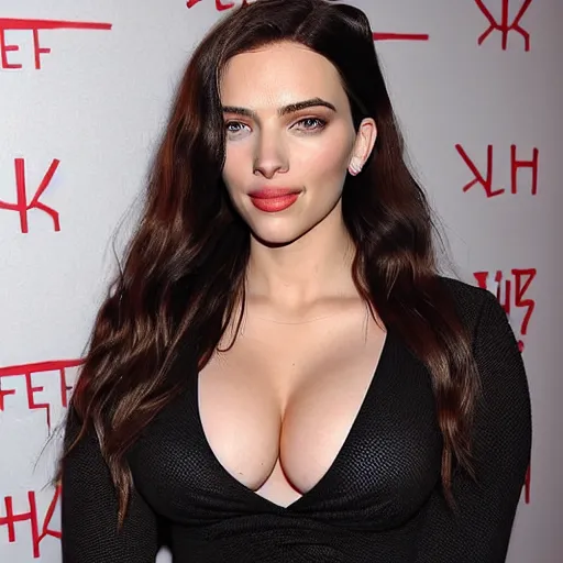 Image similar to a woman who is a genetic combination of kim kardashian and kat dennings and scarlett johansson and margot robbie and emma watson face and upper - body focus