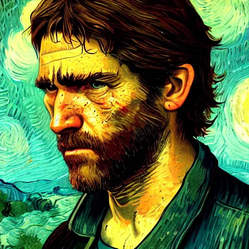 Image similar to Joel Miller (from The Last of Us) in the style of Vincent Van Gogh, masterpiece digital painting, 4k wallpaper, intricate detail, beautiful, gorgeous, stunning, artstation